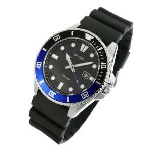 Casio MDV-107-1A2VEF men's analog watch with black dial and silver case, black resin strap, blue bezel, water resistant up to 200 meters - Men's Watch