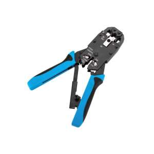 Equip 129409 professional modular crimping tool, black and blue, angled view - Network Tool