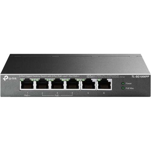 TP-Link TL-SG1006PP Gigabit PoE++ Switch, vedere din față cu porturi etichetate