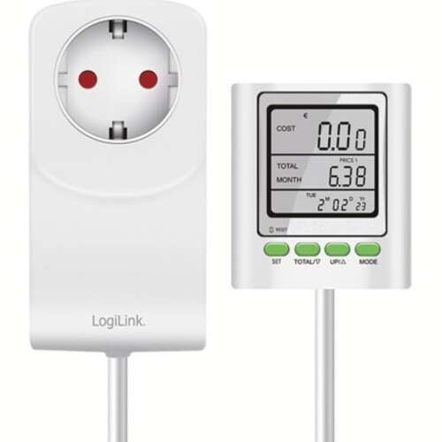 Logilink EM0006 Energy Meter with LCD display, showing energy consumption, cost, and time