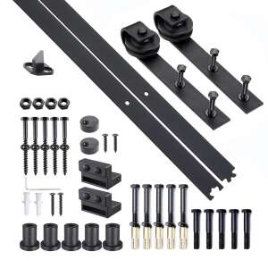 Black sliding door hardware kit with rail, rollers, and mounting accessories - Sliding Door Hardware