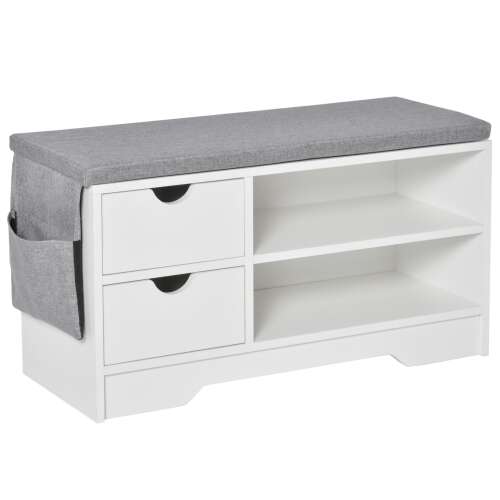 Bancă albă pentru depozitare pantofi cu pernă gri, sertare și buzunare laterale