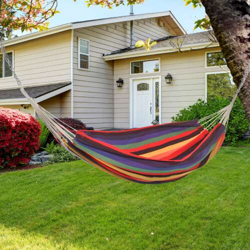 Kerti függőágy, hordozható, pamut / poliészter, csíkos minta, 200x150cm, többszínű