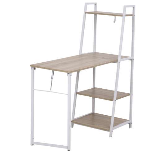 Iroda birou alb metalic și lemn maro cu rafturi, mobilier modern pentru birou acasă