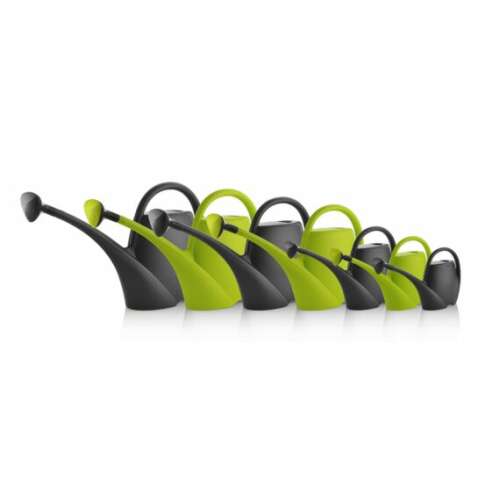 Spring watering can in various sizes, green and black, for watering plants