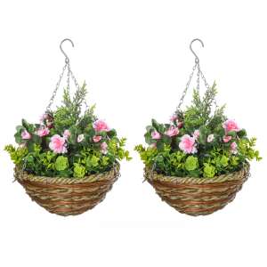 Outsunny Set de 2 Plante Artificiale Lisianthus de Agățat cu Ghiveci de Răchită
