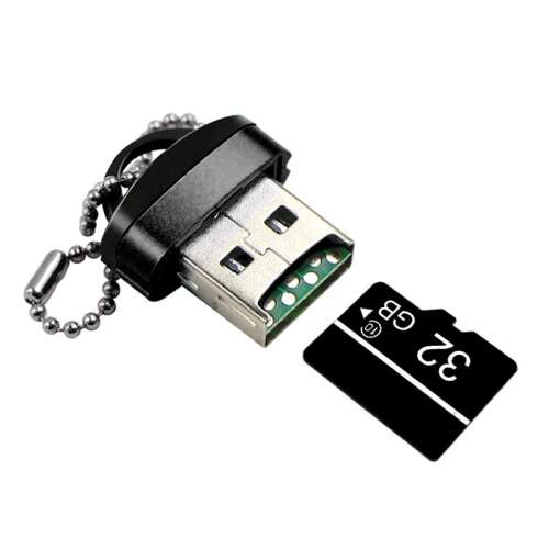 Micro SD card reader with keychain, black, USB 2.0, compatible with Windows, macOS, Linux