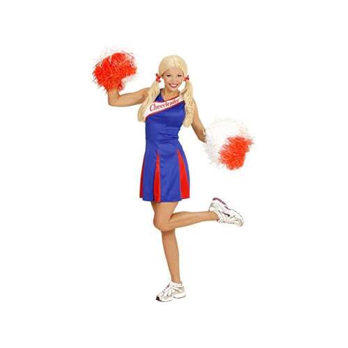 Női cheerleader jelmez, kék és piros színben, pomponokkal, Widmann Milano Party Fashion 