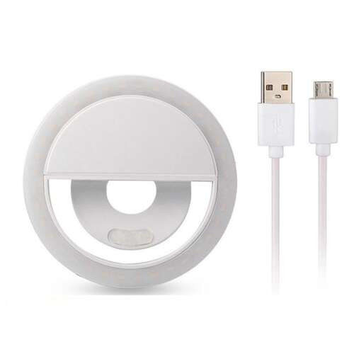 Fehér LED gyűrűs fény mobiltelefonokhoz micro USB kábellel, Szelfi lámpa mobiltelfonokhoz + micro USB kábel fehér - LED körfény és körlámpa