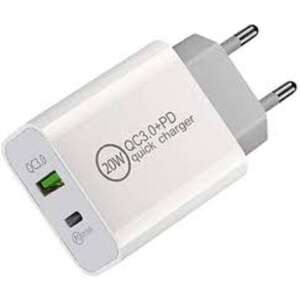 Adaptor de încărcare rapidă PD și QC 3.0 de 20W alb cu porturi USB-C și USB-A - Adaptoare de rețea