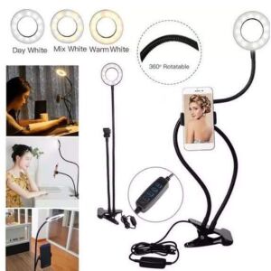 LED Ring Light with Phone Holder showing light temperatures and usage examples - LED Ring Light & Ring Lamp
