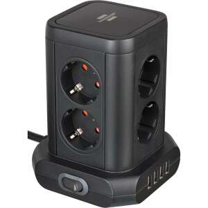8-way power tower with 4 USB ports, 45 degree angled outlets, black - Brennenstuhl Power Strip