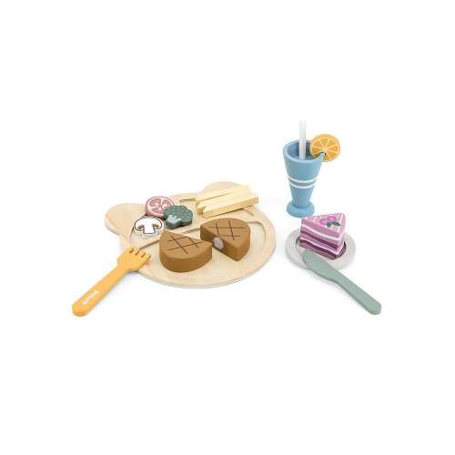 Drevená sada jedla na hranie PolarB, obsahuje tanier, steak, hranolky, zeleninu, koláč, nápoj, vidličku a nôž