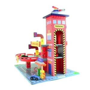 Fa garázs játék, rámpákkal, piros és kék, gyerekeknek - Autópálya & Parkolóház