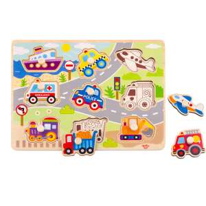 Tooky Toy Vehicule Puzzle de Formă, puzzle din lemn de 9 piese cu vehicule colorate pe o scenă de drum - Puzzle pentru copii