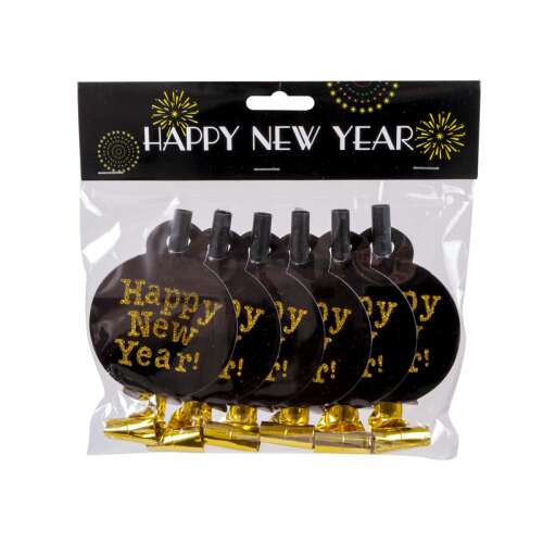 Ördögnyelv Happy New Year party fúvókák, 6 db, fekete és arany