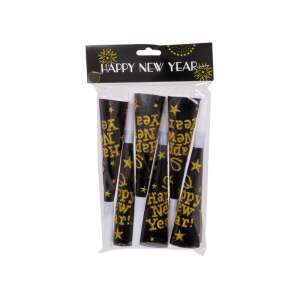 6er Pack Party-Tröten in Schwarz und Gold mit dem Aufdruck Frohes Neues Jahr - Partydeko
