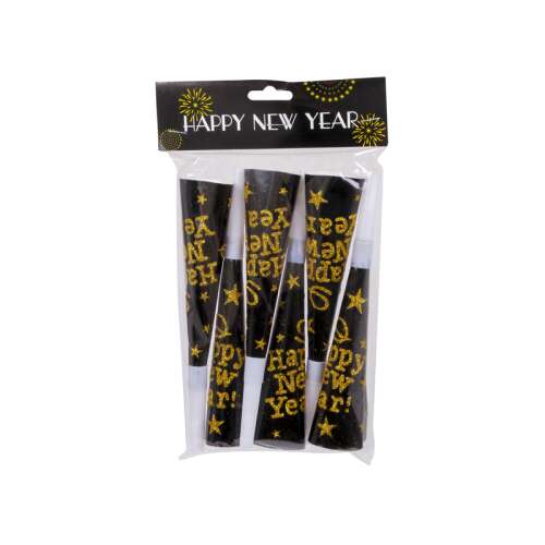 6er Pack Party-Tröten in Schwarz und Gold mit dem Aufdruck Frohes Neues Jahr