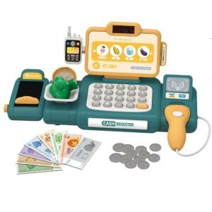 Zöld játék pénztárgép szett szkennerrel, walkie-talkie-val, játékpénzzel és brokkolival - Manyuk Toys