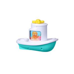 Bburago Jr. Splash'n Play Hudobná remorkérna loď hračka do kúpeľa, modrá a biela, so žltým vrtuľou, zobrazuje prednú časť hračky - Bburago