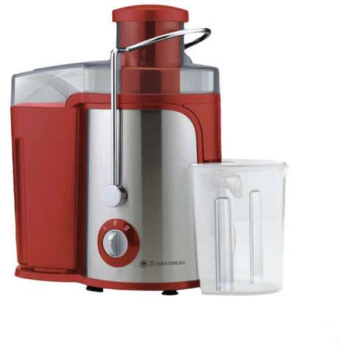 Zurrichberg ZBP7638 600W gyümölcscentrifuga, piros és ezüst színben, átlátszó gyümölcslé tartállyal
