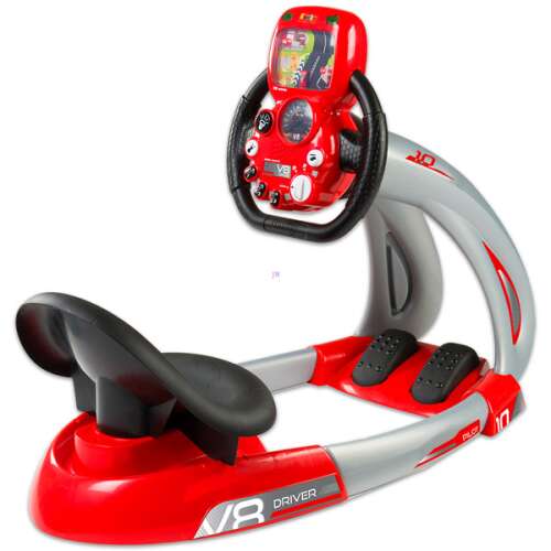 Smoby V8 Driver Rennspiel-Simulator für Kinder, rot und grau, mit Lenkrad, Pedalen und Sitz