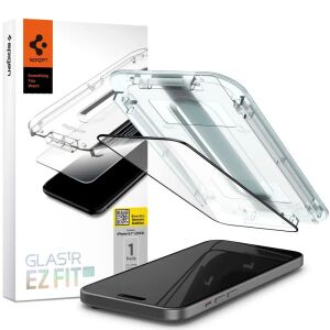 Spigen Glas.tR EZ Fit iPhone 15 screen protector with installation kit and phone - Spigen