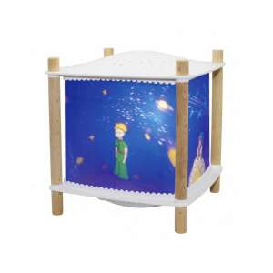 Trousselier The Little Prince night light projector, a wooden cube with a blue night sky scene and stars, showing the front side - Night Light, Projector