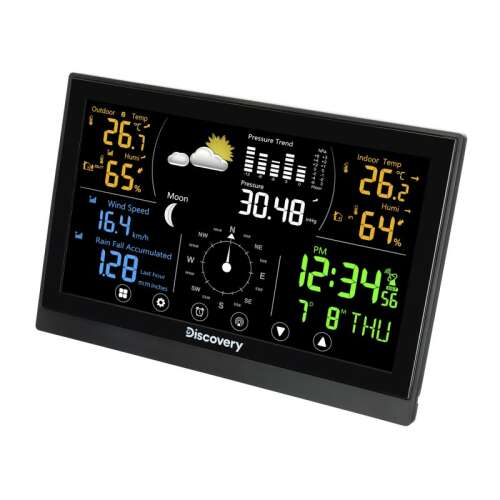 Метеорологична станция Discovery с цветен дисплей, показващ вътрешната и външната температура, влажността, скоростта на вятъра, валежите, налягането, лунната фаза, часа и датата
