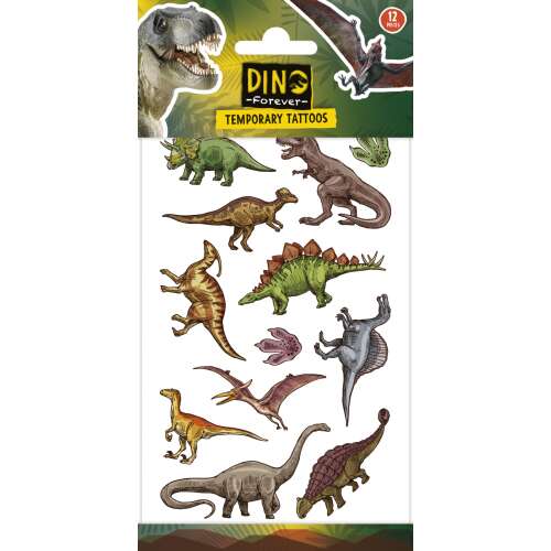 Dino Forever ideiglenes tetoválások, 12 dinoszaurusz minta, gyerekeknek való ideiglenes tetoválások - Totum