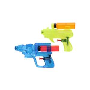 Zwei Wasserpistolen, eine blaue und eine gelbe, für Kinder zum Spielen im Sommer - Strandspielzeug