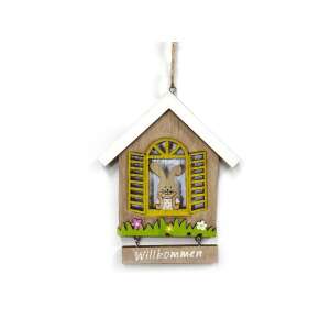 Húsvéti dekorációs figura fehér tetős, natúr színű házikó sárga ablakban nyuszival 86987364 