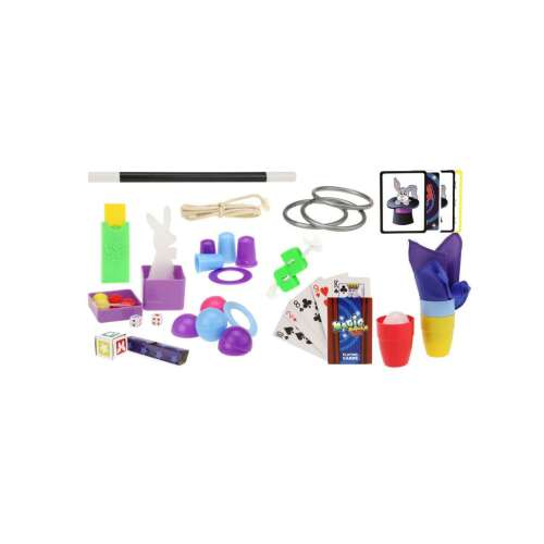 Magic tricks set with 150 tricks, includes magic wand, cups, rings, cards, rope, dice, and more