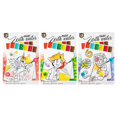Malen mit Wasser Malbuch mit 3 verschiedenen Designs: Einhorn, Pirat und Affe. 8 Blätter, A4 Format, mit Pinsel.