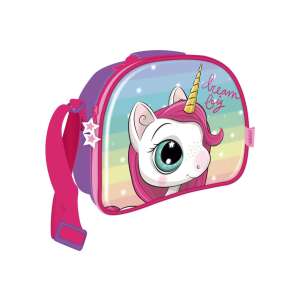 Geantă de prânz cu unicorn, cu curea reglabilă pentru umăr, design roz și curcubeu, text: Dream Big - Genți de prânz