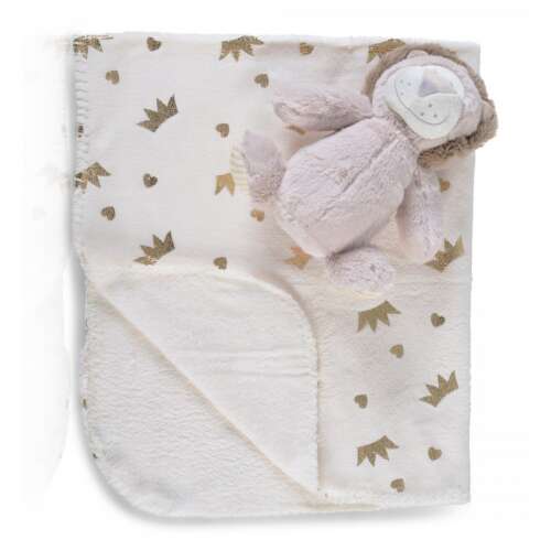 Cangaroo wellsoft takaró oroszlán plüss játékkal, 90x75 cm, fehér arany koronákkal és szívekkel