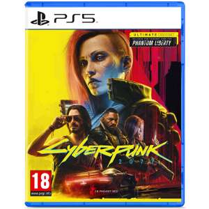 Coperta jocului Cyberpunk 2077 Ultimate Edition pentru PS5, prezentând personajele și logo-ul jocului - Jocuri Consola & PC