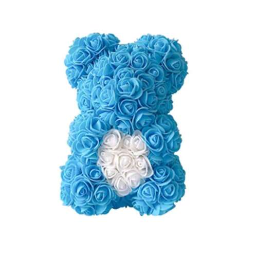 Rózsa maci, örök virág maci díszdobozban 25 cm - kék-fehér 33794529