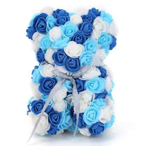 Rózsa maci, örök virág maci díszdobozban 25 cm - kék-fehér mix 33794530