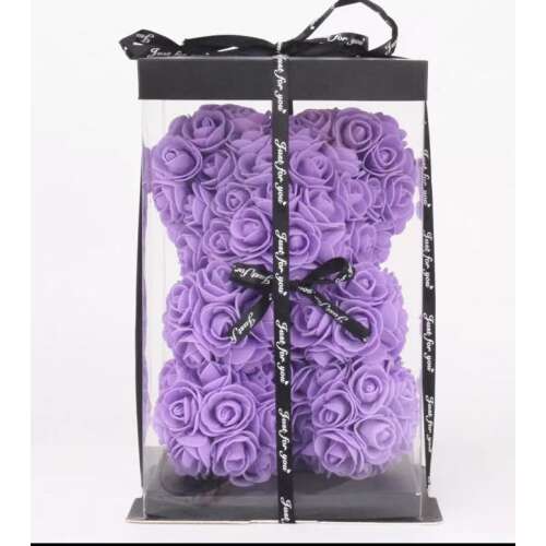 Rózsa maci, örök virág maci díszdobozban 25 cm - lila
