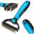 Pet grooming tool, deshedding rake for dogs and cats, blue and black handle, stainless steel blades