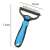 Pet grooming tool, deshedding rake for dogs and cats, blue and black handle, stainless steel blades, size information