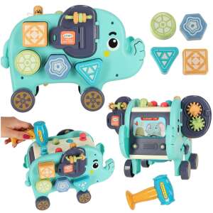 Interactive elephant toy with shape sorter, hammer, and blocks, multi-function toy for toddlers, blue and green elephant toy - JM