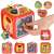Multi-sided activity cube for babies, featuring a shape sorter, gears, a bead maze, a clock, a steering wheel, and a piano