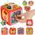 Multi-sided activity cube for babies, featuring a shape sorter, gears, a bead maze, a clock, a steering wheel, and a piano