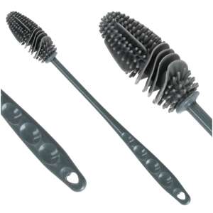 Silicone bottle cleaning brush with long handle, grey color, 3 different views - Bottle & Nipple Brush