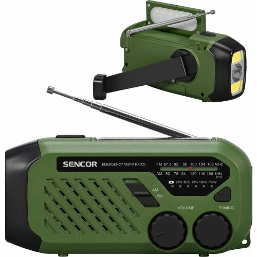 Sencor SRD 1000SCL GR Campingradio, grünes Notfall-AM/FM-Radio mit Taschenlampe und Handkurbel
