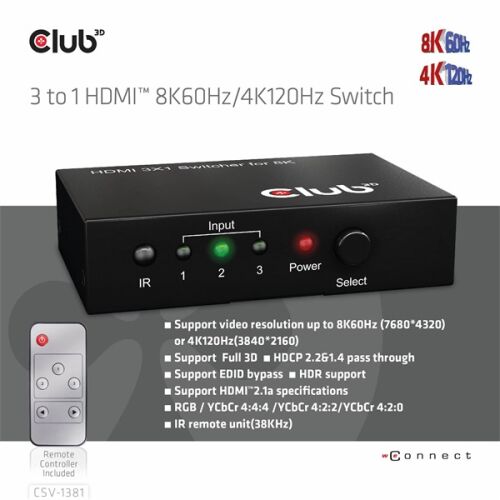 HDMI prepínač Club 3D CSV-1381 3 vstupy 1 výstup, 8K 60Hz, 4K 120Hz s diaľkovým ovládaním