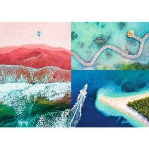 Trefl Prime Túl a vizeken puzzle image featuring aerial views of beaches, boardwalks, and boats. - Trefl Puzzle