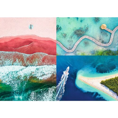 Trefl Prime Túl a vizeken puzzle image featuring aerial views of beaches, boardwalks, and boats.